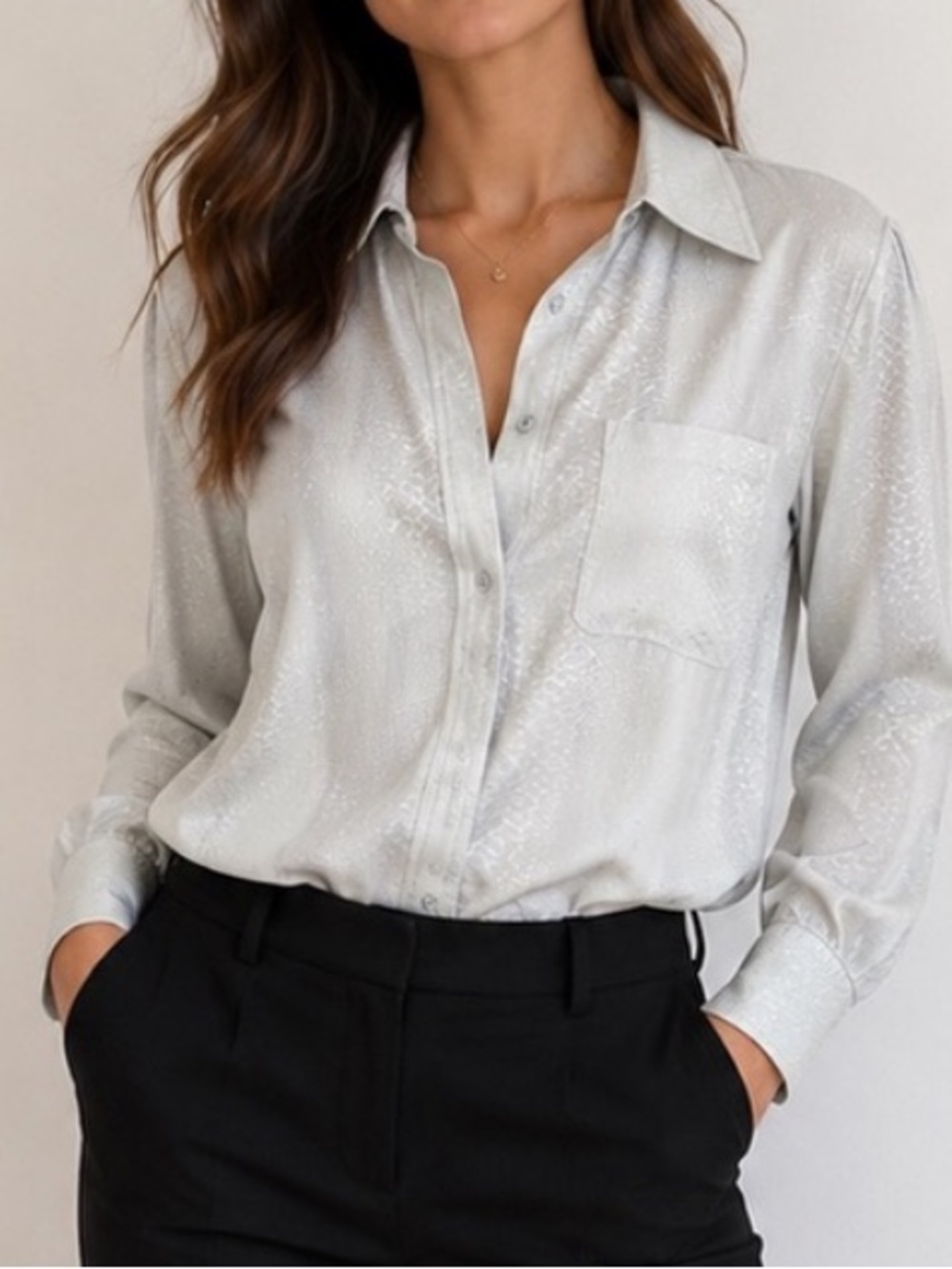 Equipment Femme blouse button front shirt silver white tonal print S long sleeve